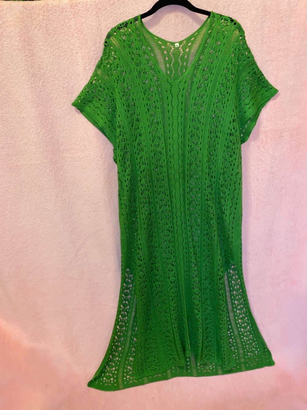 Green Knit Crochet Poncho Cover Flowy Maxi Swim Shortsleeve XL Beach Pool Olive